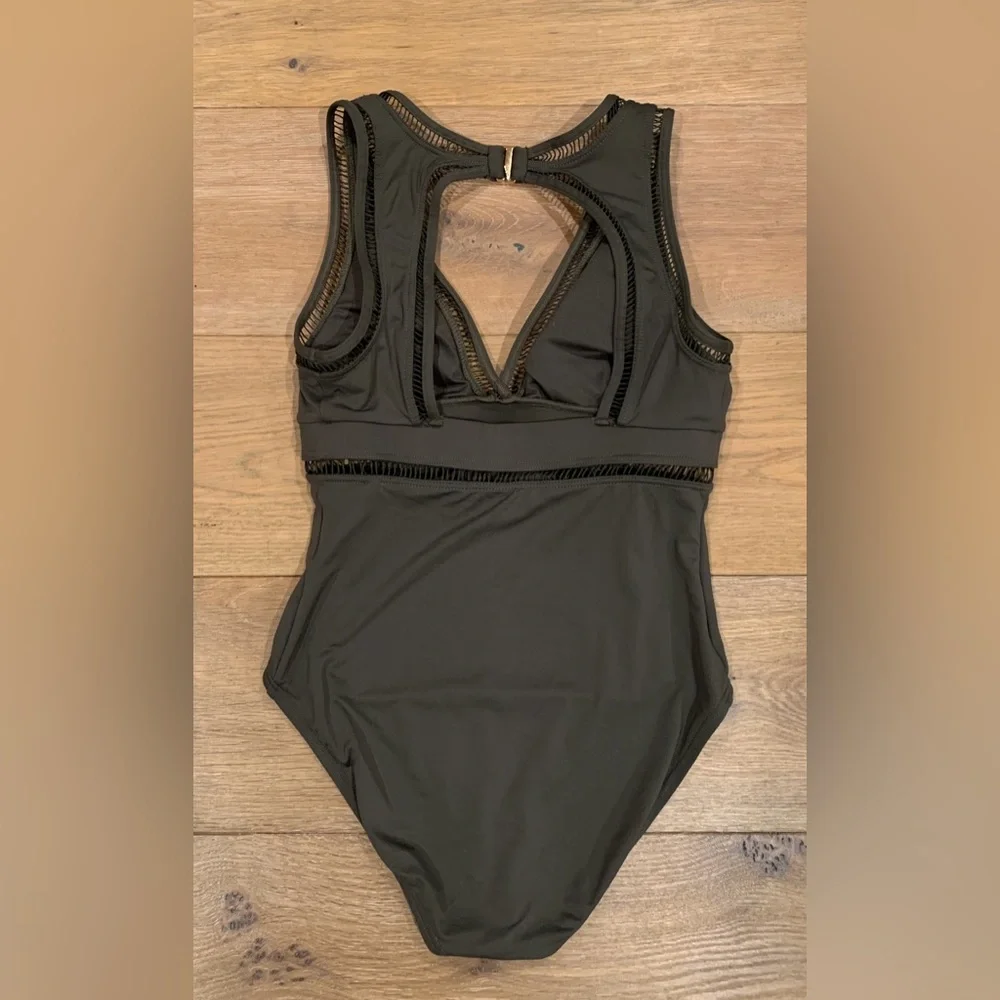MICHAEL KORS Cruise Olive Green Ladder Cutout One Piece Swimsuit Womens 10 - Picture 3 of 11